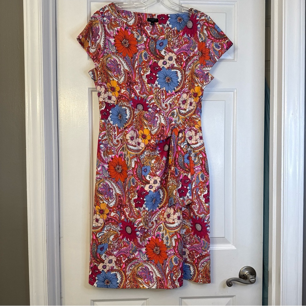 TALBOTS Dress Island Paisley Colorful Pink Red Floral Retro Tied Waist L Petite